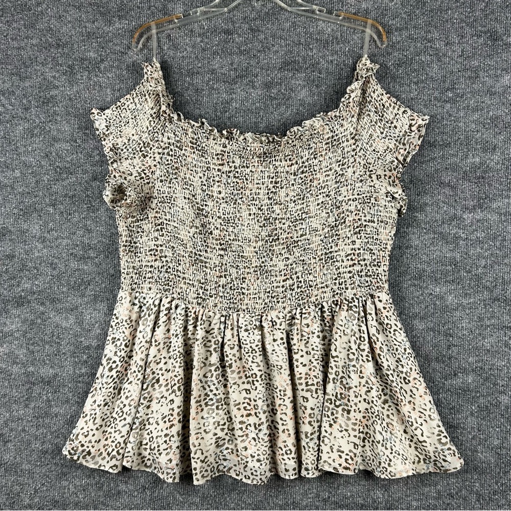 Cato Smocked Peplum Animal Print Cottagecore Blouse XL